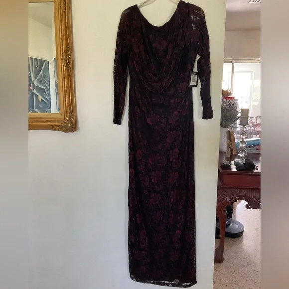 Marina Stretch Floral Lace Cowl Back Gown, Womens, 12, Black/Red Marina Stretch Floral Lace Cowl Back Gown, Womens, 12, Black/Red
